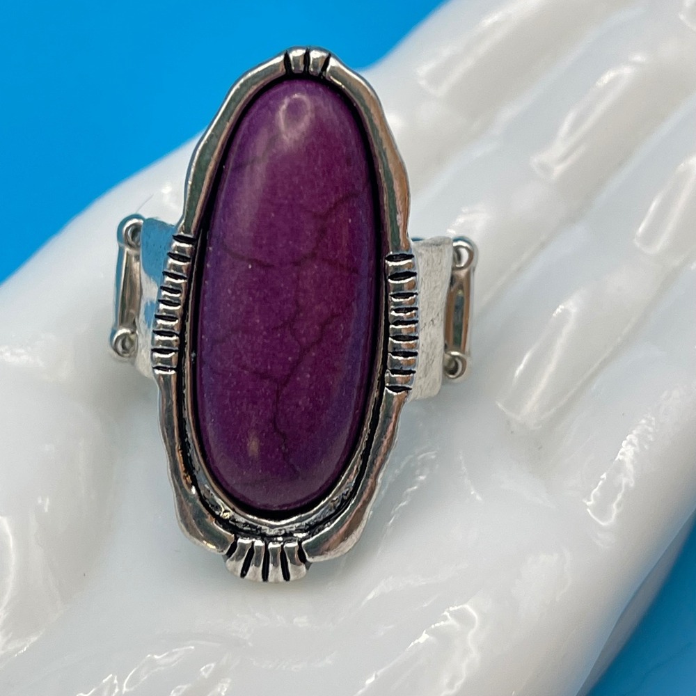 Purple Teardrop Silver Tone Stretch Ring Southwestern Boho Festival Cowgirl - Picture 2 of 5